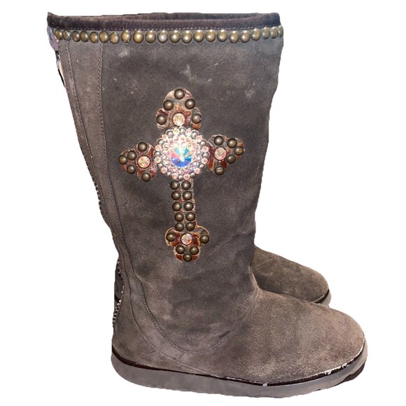 Gypsy Soule Brown Suede Boots Western Tooled Leather Swarovski Crystal Cross 10 - Picture 2 of 16